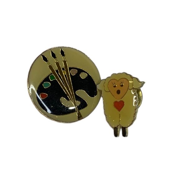 Set of 2 Vintage Resin Lapel Pins Sheep Heart Artist Palette 1" - Picture 2 of 6